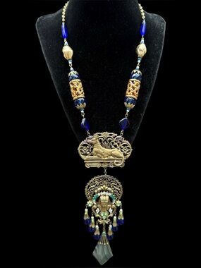 Vintage Signed CZECHOSLOVOKIA Egyptian Revival Glass Anubis Pharaoh Necklace